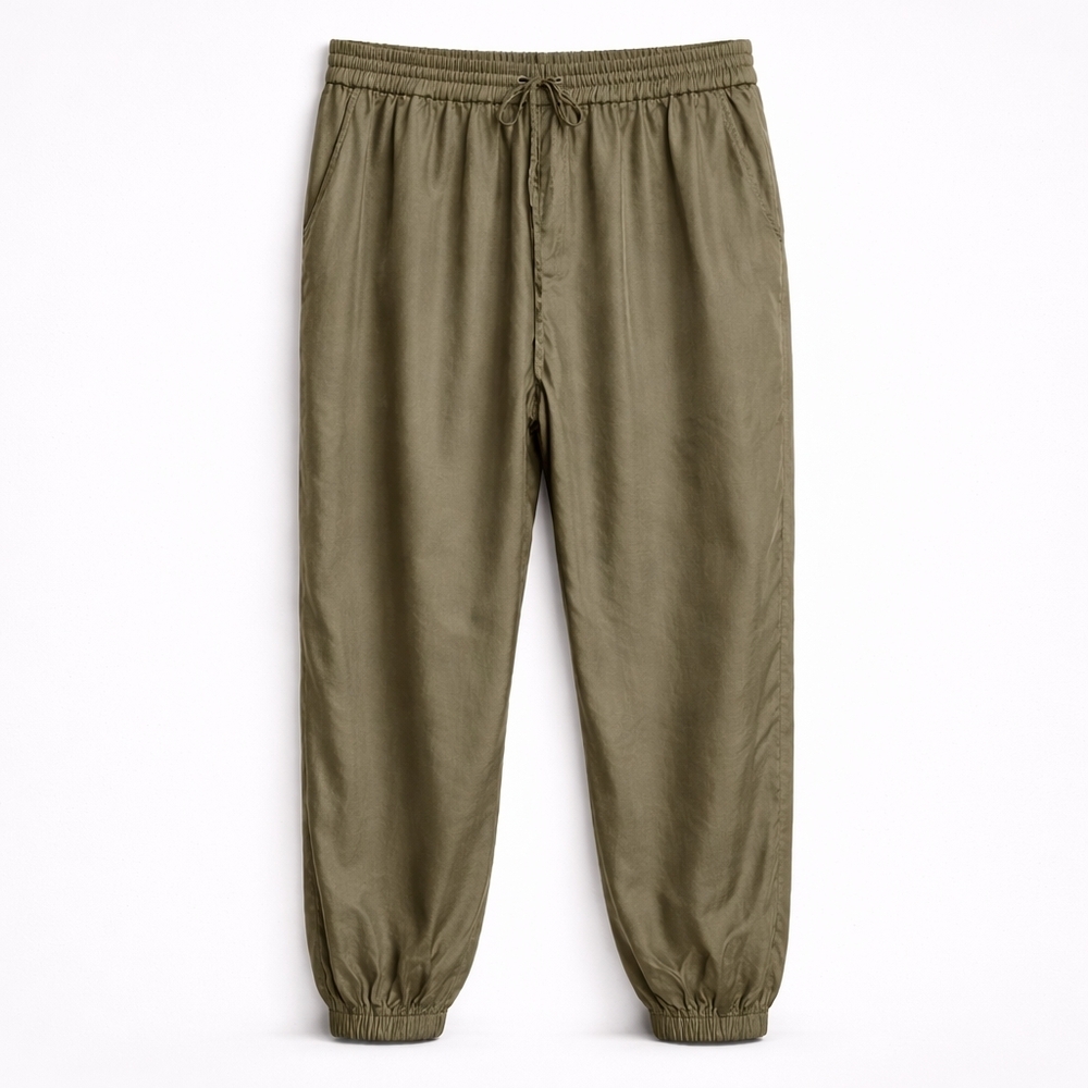 Johnny Was Olive Silk Blend Jogger Pants Elastic Waist Drawstring Size L